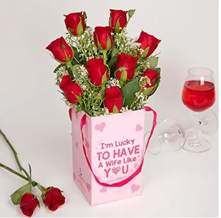 Decorative Bunch of 10 Fresh Live Red Roses Flowers Bouquet Flower Box Valentine's Day Gift's For Girlfriend, Boyfriend, Wife & Husband