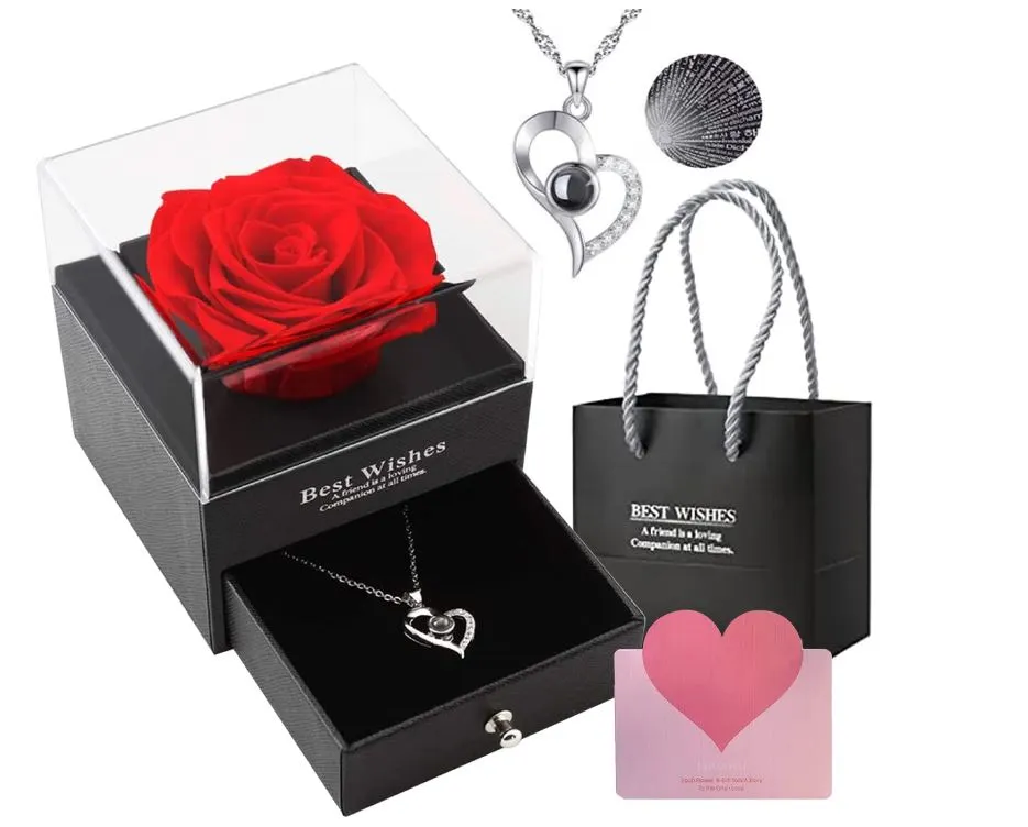 Gifts For Girlfriend,Wife,Love-Marriage Anniversary Gift For Wife Preserved Rose Flower With Heart Necklace