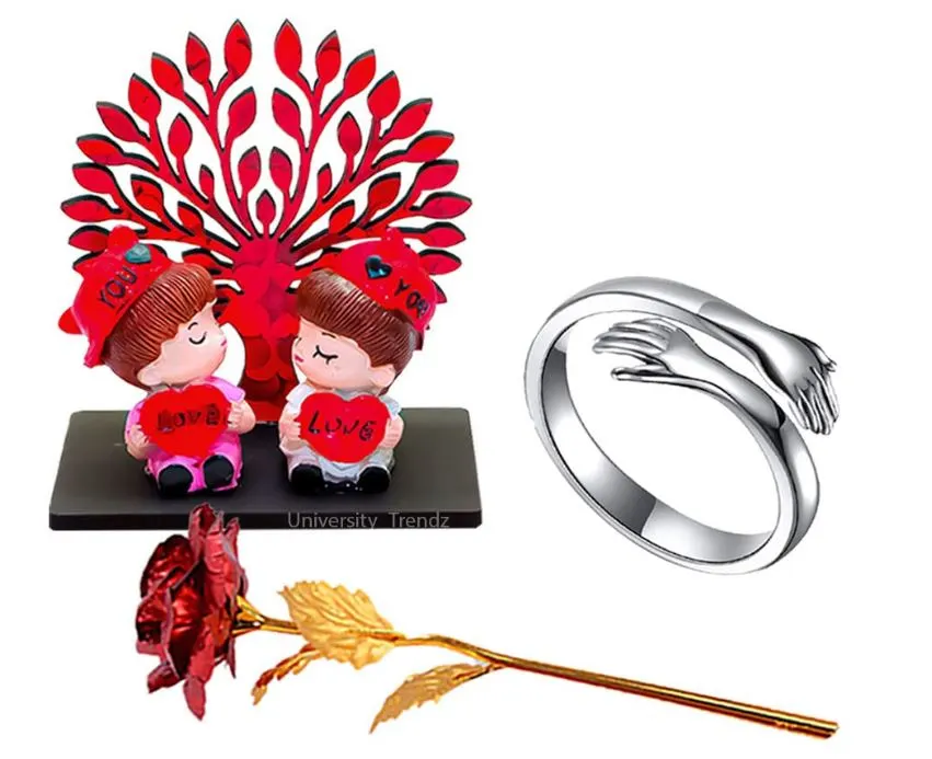 Love Gift Combo - Silver Hug Ring with Love Couple Showpiece & Artificial Red Rose for Girlfriend, Wife, Fiancee