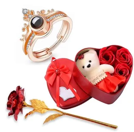 Love You 100 Language Rose Gold Crown Ring with Artificial Red Rose & Soft Teddy Bear with Flower Box for Girlfriend, Wife, Lovers Romantic Gift for Valentine Day