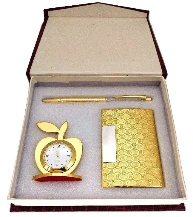 3 in 1 Gift Set with Apple Clock, Metallic Pen, Business Card Holder