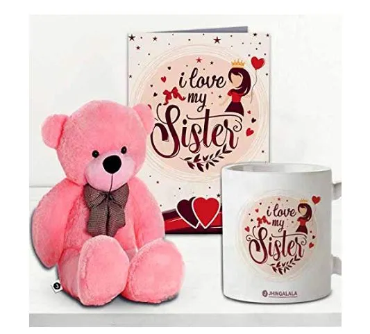 Jhingalala Gift for Sister, Teddy Bear with, Love My Sister Printed Coffee Mug and Greeting Card