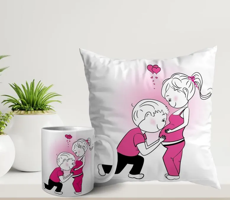 Man Kissing Pregnant Belly of His Wife Coffee Mug and Cushion Combo